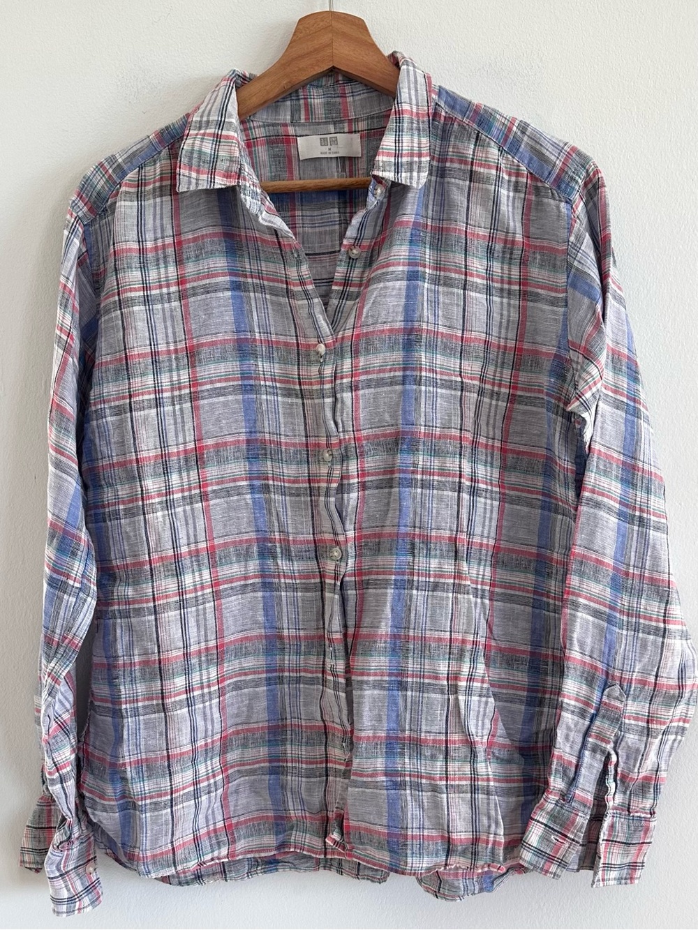 Uniqlo pastel blue plaid linen long sleeve breathable natural shirt medium